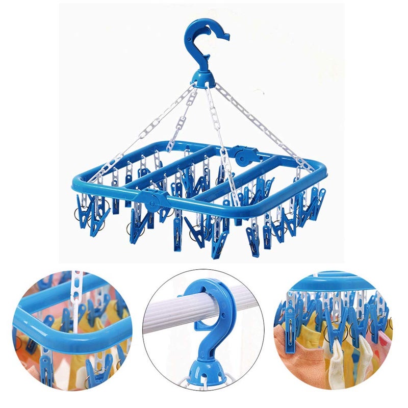 SteelFever Clothes Drying Hanger with 32 Clips, Foldable Hanging Drying Rack for Clothes Underwear Socks (Blue) - Image 5